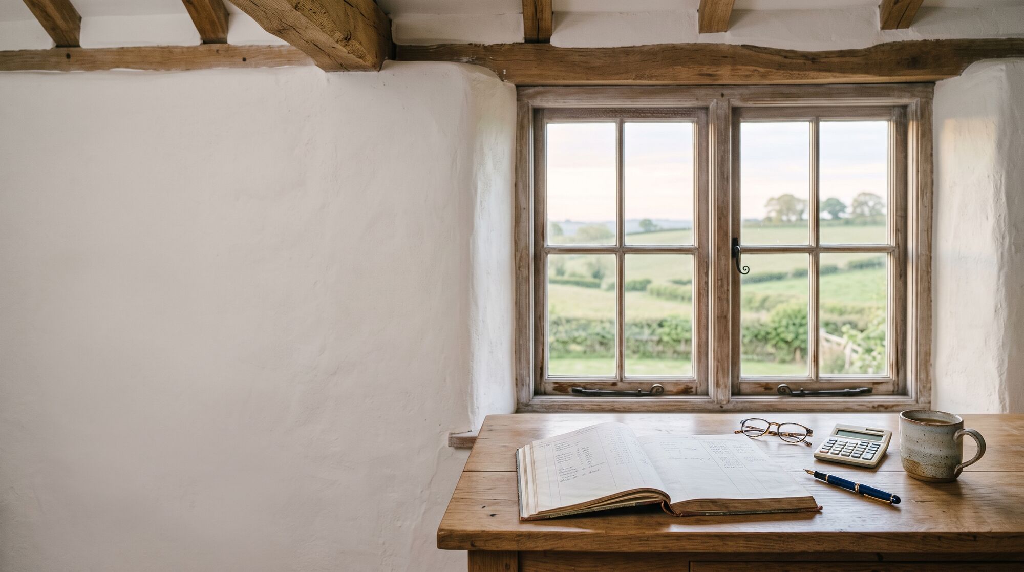 An oak desk with an open ledger, pen and calculator beneath a window overlooking Dorset farmland