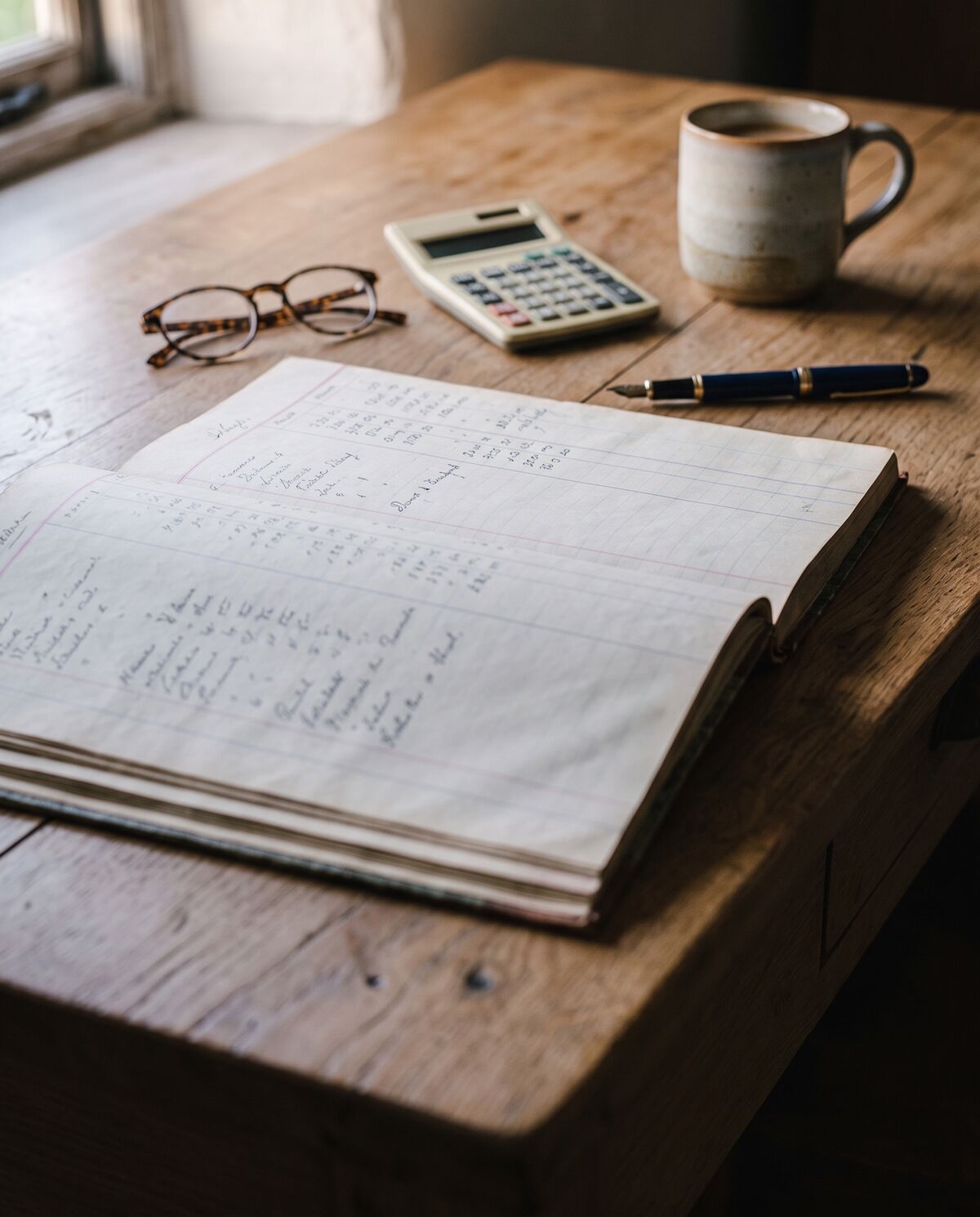 An open ledger, calculator, fountain pen and reading glasses on an oak desk